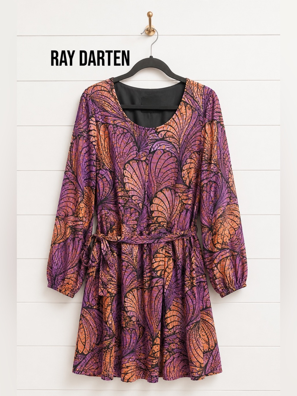 Ray Darten African Print Dress Purple & Orange Long Sleeve Drawstring Dress 4X - Picture 2 of 8